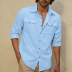 Men's Linen-Blend Twin-Pocket Utility Shirt. Long sleeves and button front.