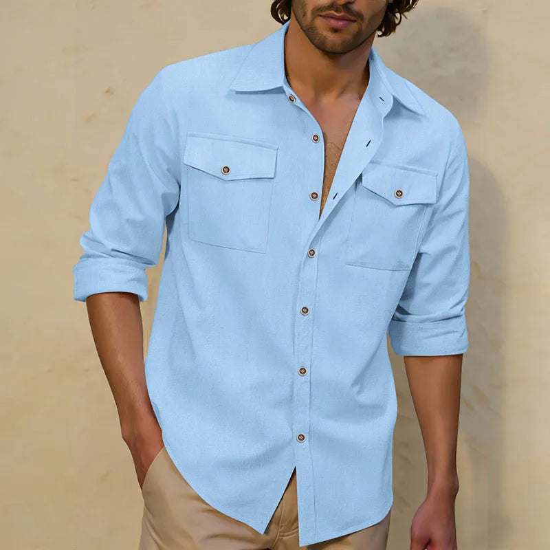 Men's Linen-Blend Twin-Pocket Utility Shirt. Long sleeves and button front.