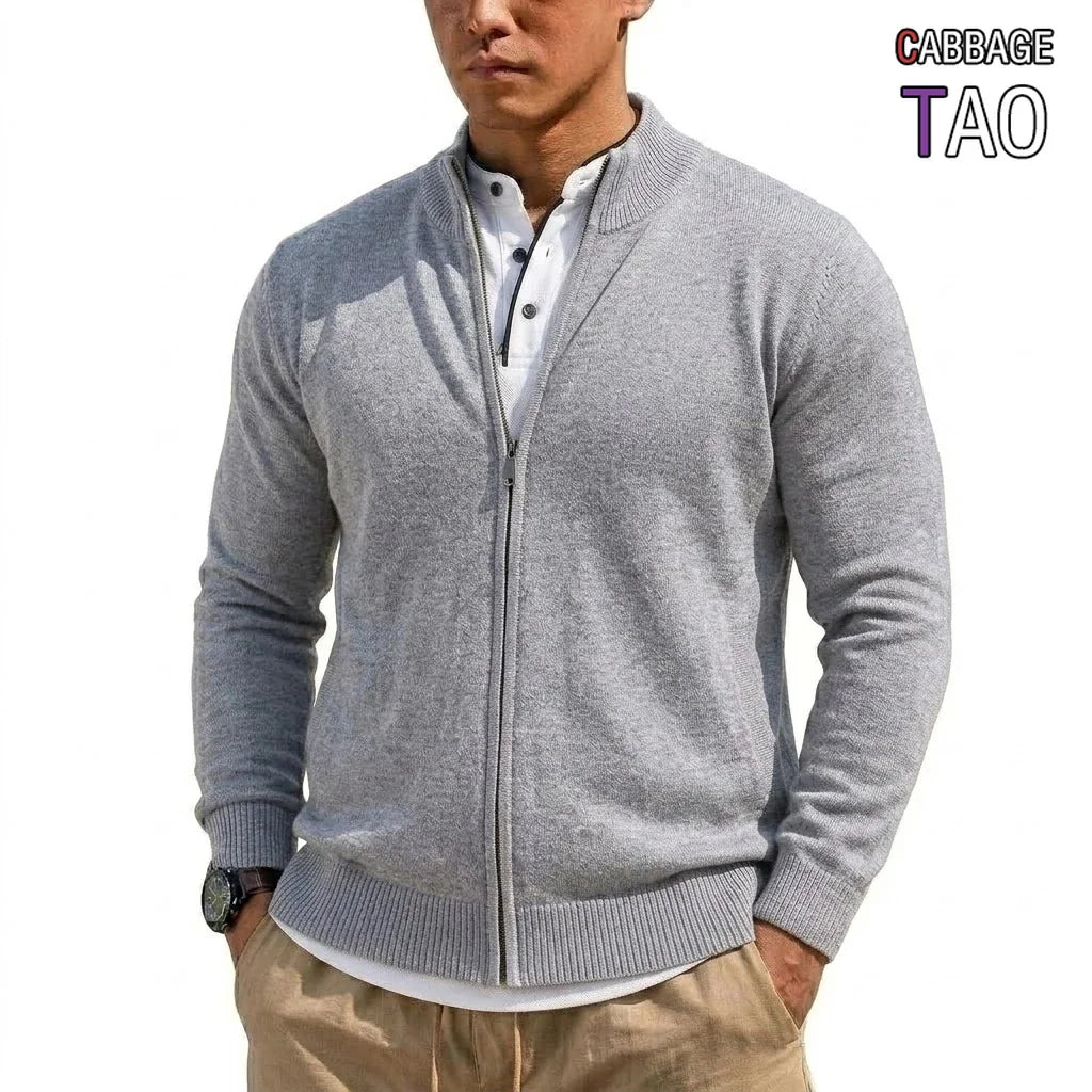 Men's Stand-Collar Zip-Through Cardigan. Full-length zip fastening.