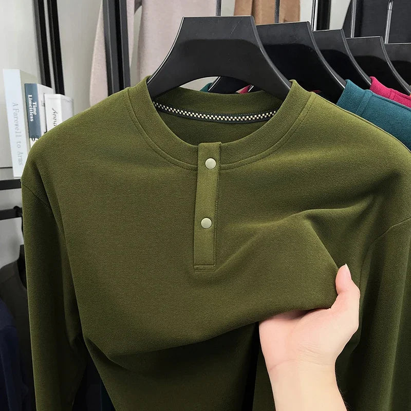 Men's Brushed Long-Sleeve Henley Top. Brushed finish.