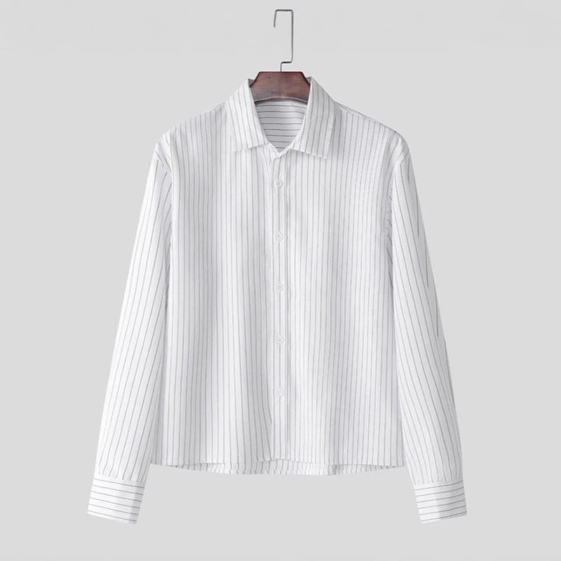 Men's Relaxed Long-Sleeve Pinstripe Shirt. Fine vertical pinstripes.