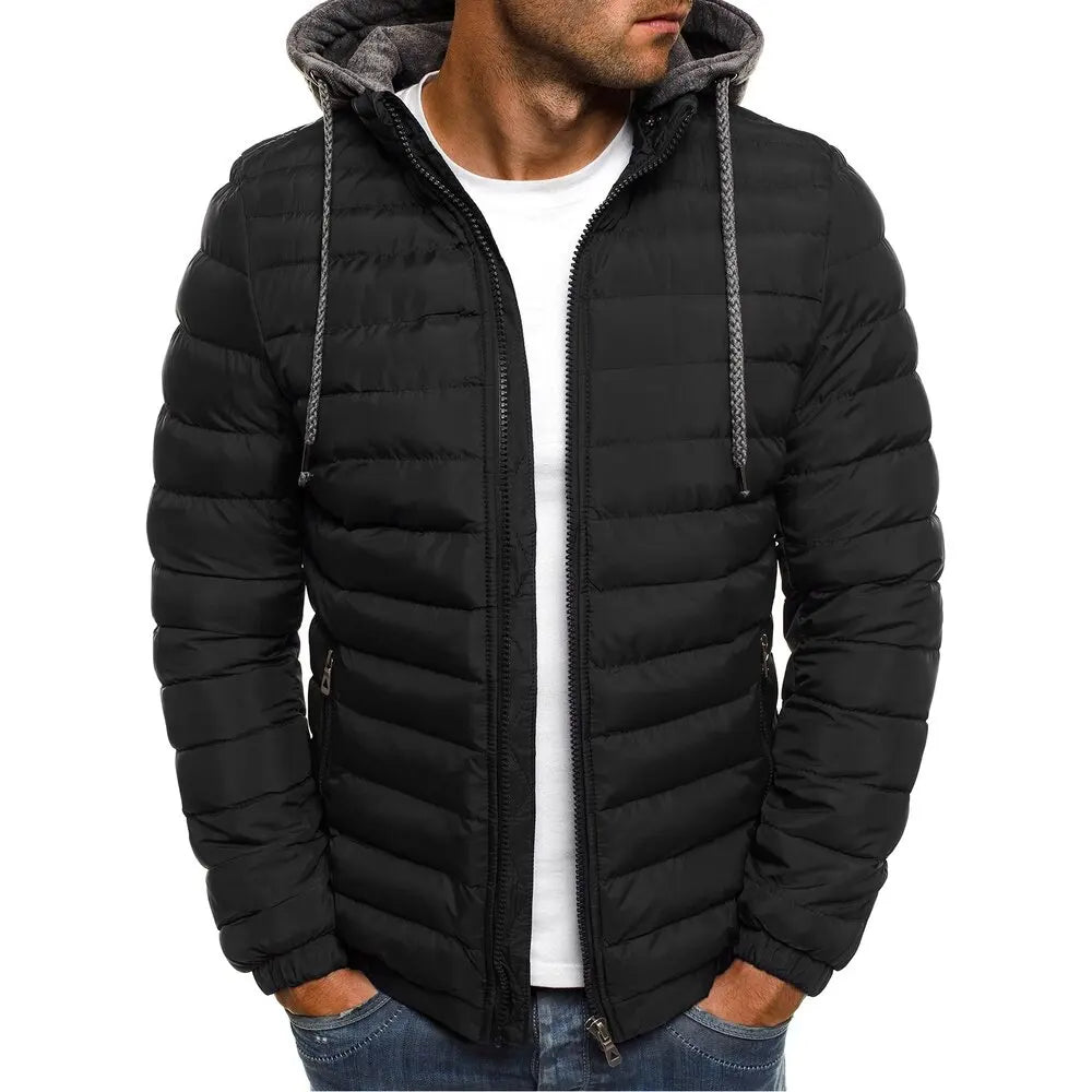Men's Drawcord Hooded Quilted Puffer Jacket. Horizontal quilting.