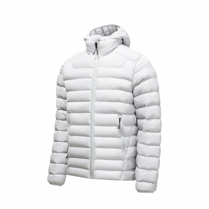 Men's Horizontal-Quilted Hooded Puffer Jacket. Hooded shape.