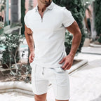 Men's Waffle Zip-Polo & Shorts Set. Matching two-piece set.