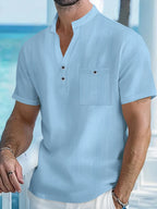 Men's Short-Sleeve Stand-Collar Popover Shirt. Cotton and linen blend.