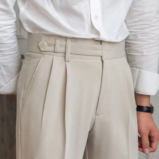 Men's Cropped High-Waist Pleated Trousers. Cotton and polyester blend.
