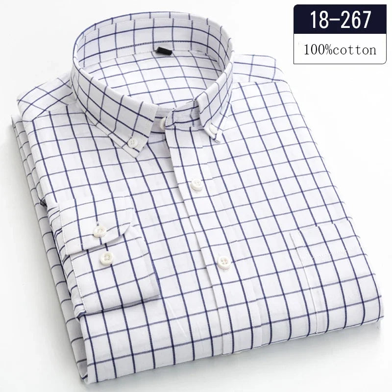 Men's Cotton Check & Stripe Button-Down Shirt. Button-down collar and button front.