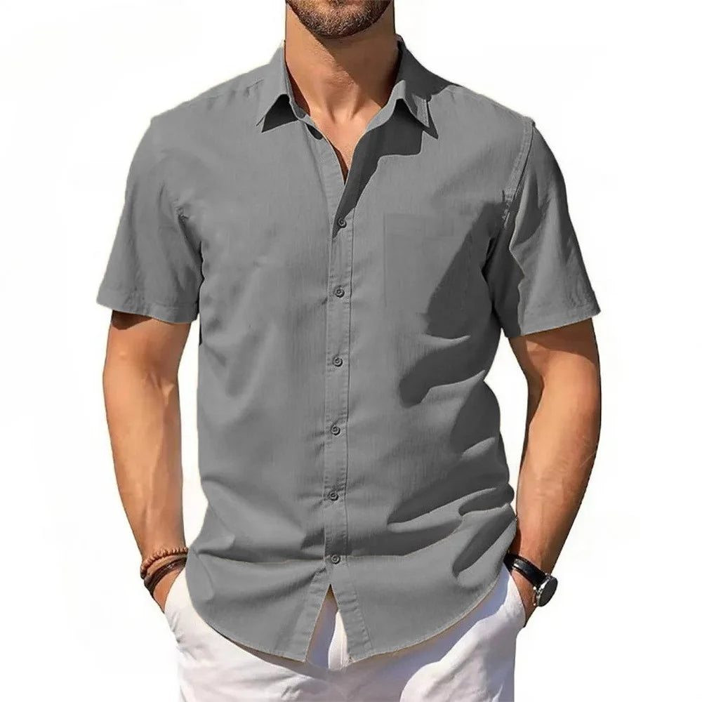 Men's Cotton-Linen Summer Pocket Shirt. Cotton and linen blend.