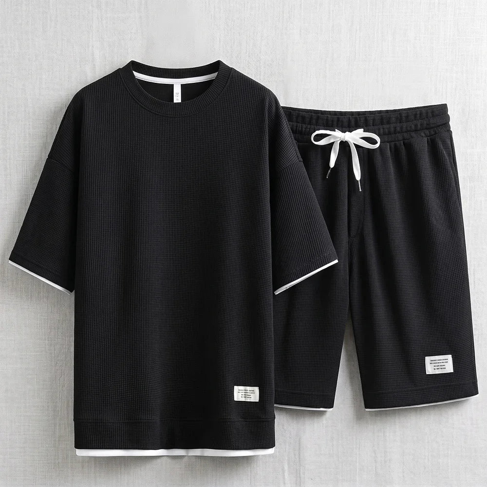 Men's Waffle T-Shirt & Lounge Shorts Set. Matching tee and shorts.