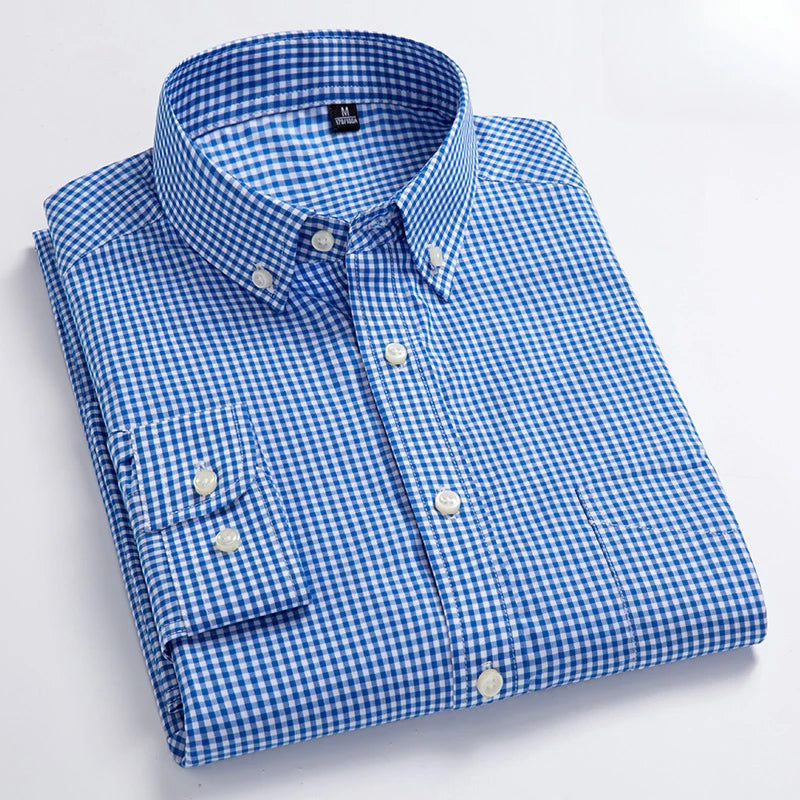 Men's Cotton Check & Stripe Button-Down Shirt. Button-down collar and button front.
