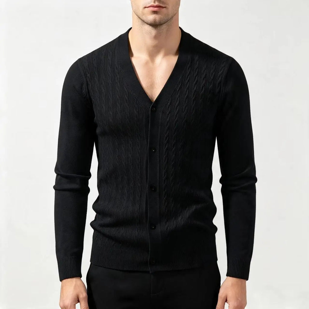 Men's Cable-Knit V-Neck Cardigan. Cable-knit texture.