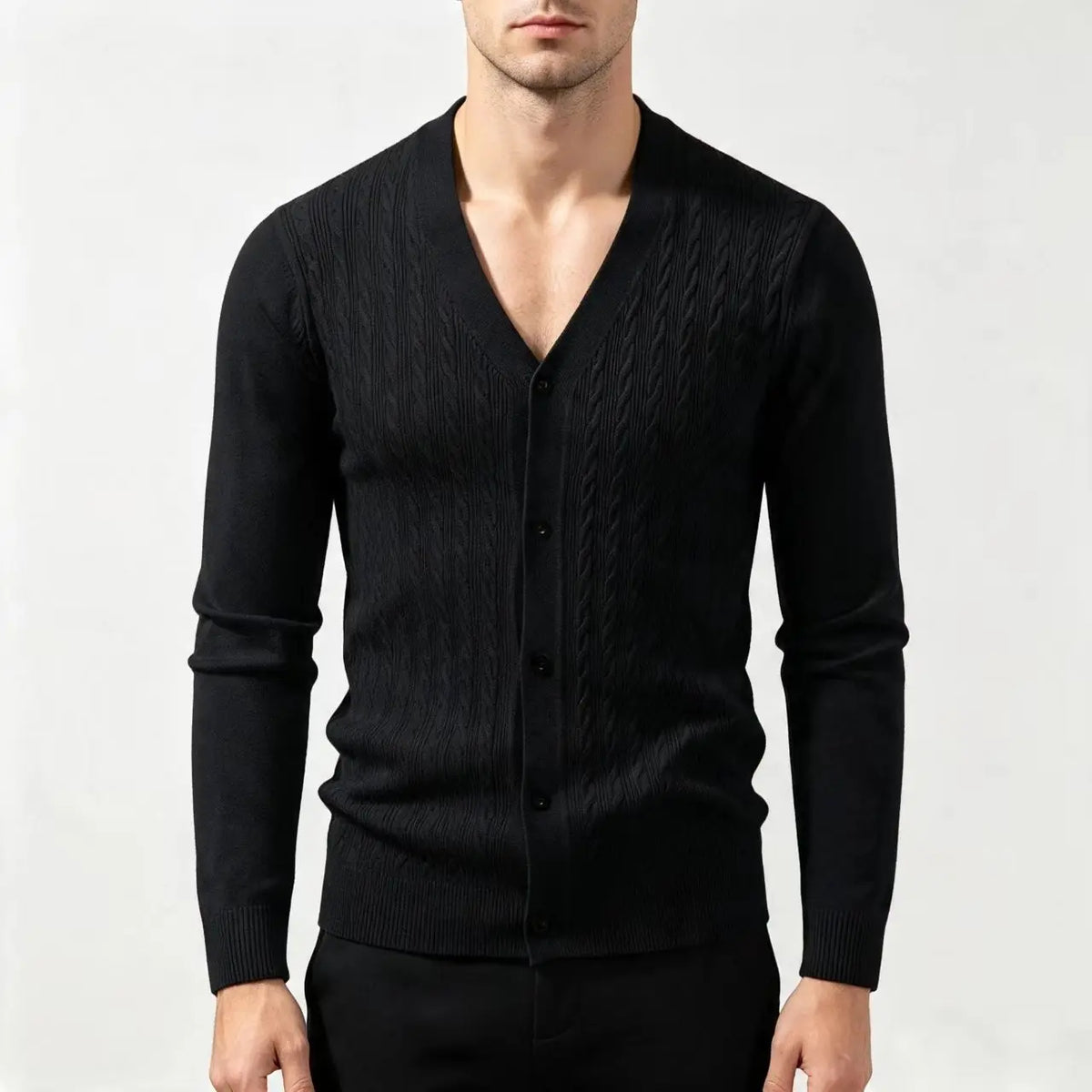 Men's Cable-Knit V-Neck Cardigan. Cable-knit texture.