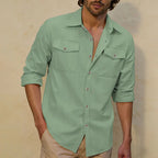 Men's Linen-Blend Twin-Pocket Utility Shirt. Long sleeves and button front.