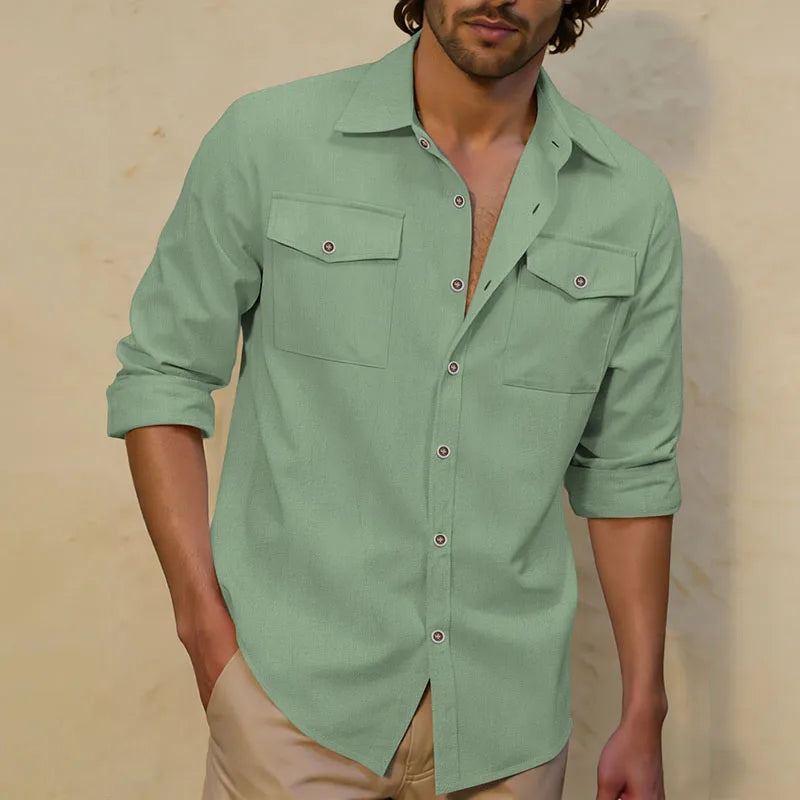Men's Linen-Blend Twin-Pocket Utility Shirt. Long sleeves and button front.