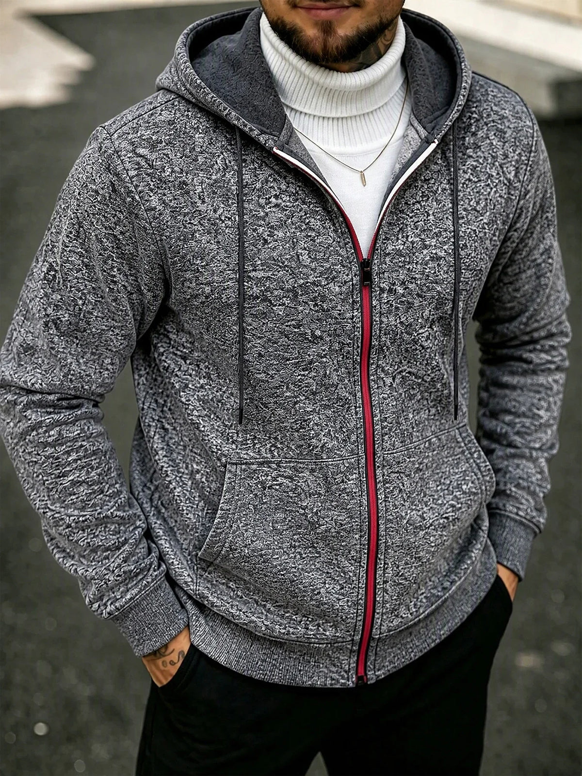 Men's Marl Fleece-Lined Zip Hoodie. Heather marl knit exterior.