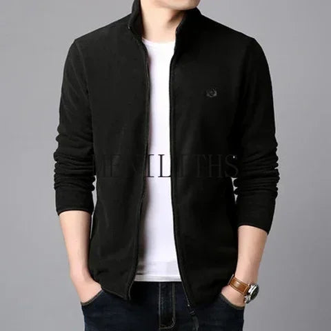 Men's Stand-Collar Zip Jacket With Chest Emblem. Stand collar.