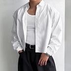 Men's Relaxed Long-Sleeve Pinstripe Shirt. Fine vertical pinstripes.