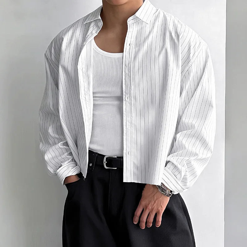 Men's Relaxed Long-Sleeve Pinstripe Shirt. Fine vertical pinstripes.