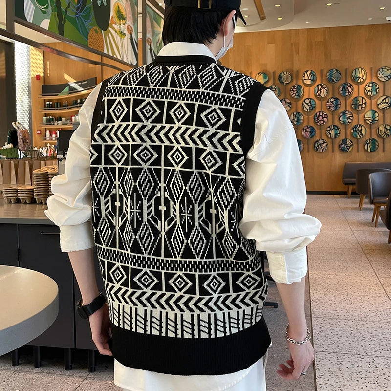 Men's Geometric Button-Front Knit Vest. Black and cream geometric knit.