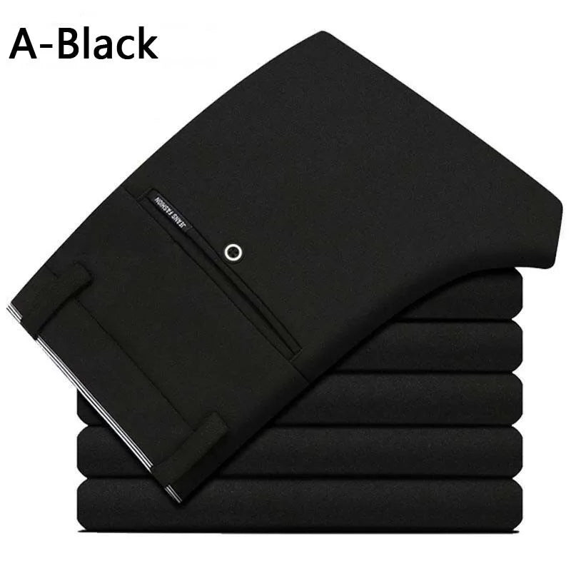 Men's Lightweight Slim Stretch Dress Trousers. Polyester and elastane blend.