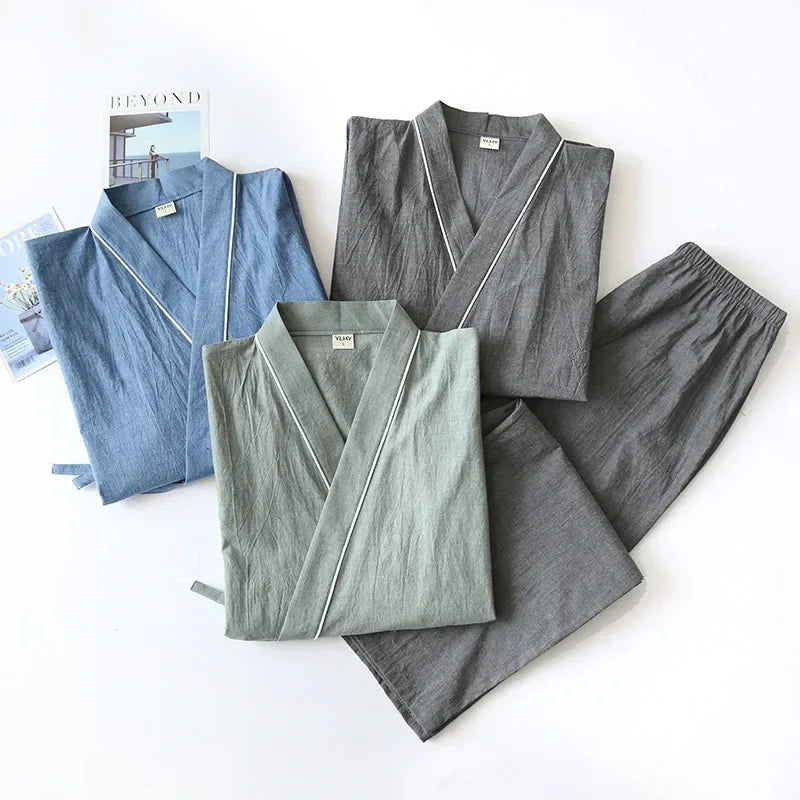 Men's Piped Cotton Kimono Lounge Set. Crinkled cotton fabric.