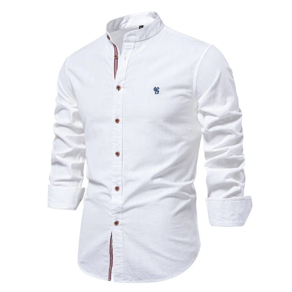 Men's Cotton Grandad-Collar Contrast Shirt. Grandad collar.