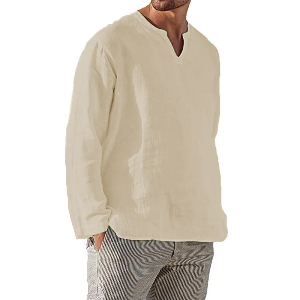 Men's Cotton-Linen V-Neck Pullover Shirt. Cotton and linen blend.