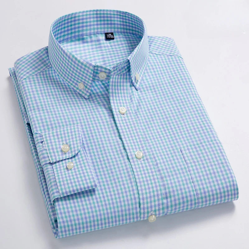 Men's Cotton Check & Stripe Button-Down Shirt. Button-down collar and button front.