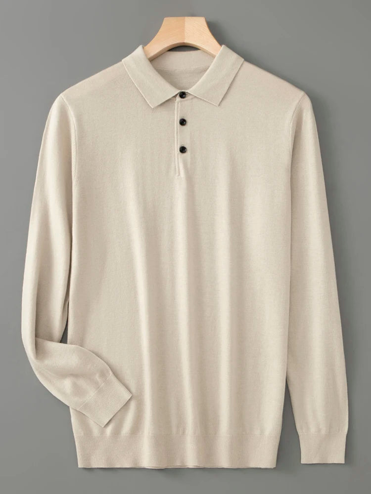 Men's Fine-Knit Long-Sleeve Polo Shirt. Fine-knit finish.