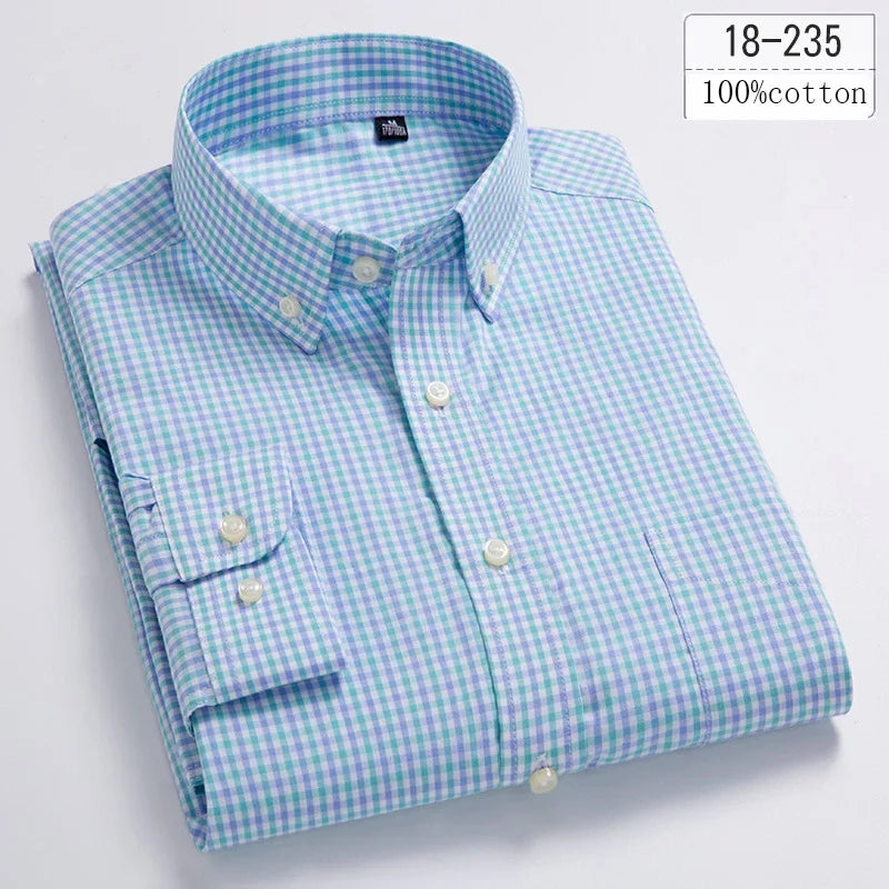 Men's Cotton Check & Stripe Button-Down Shirt. Button-down collar and button front.