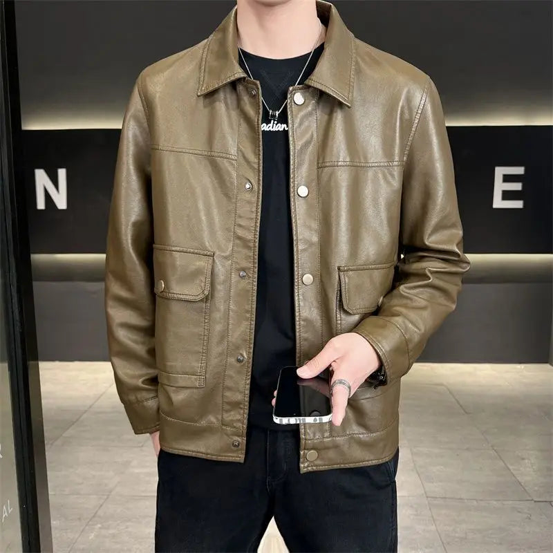 Men's Faux-Leather Snap-Front Utility Jacket. Imitation-leather finish.