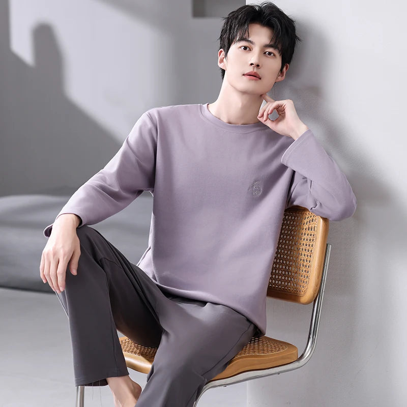 Men's Relaxed Cotton Crew-Neck Lounge Set. Cotton fabric.