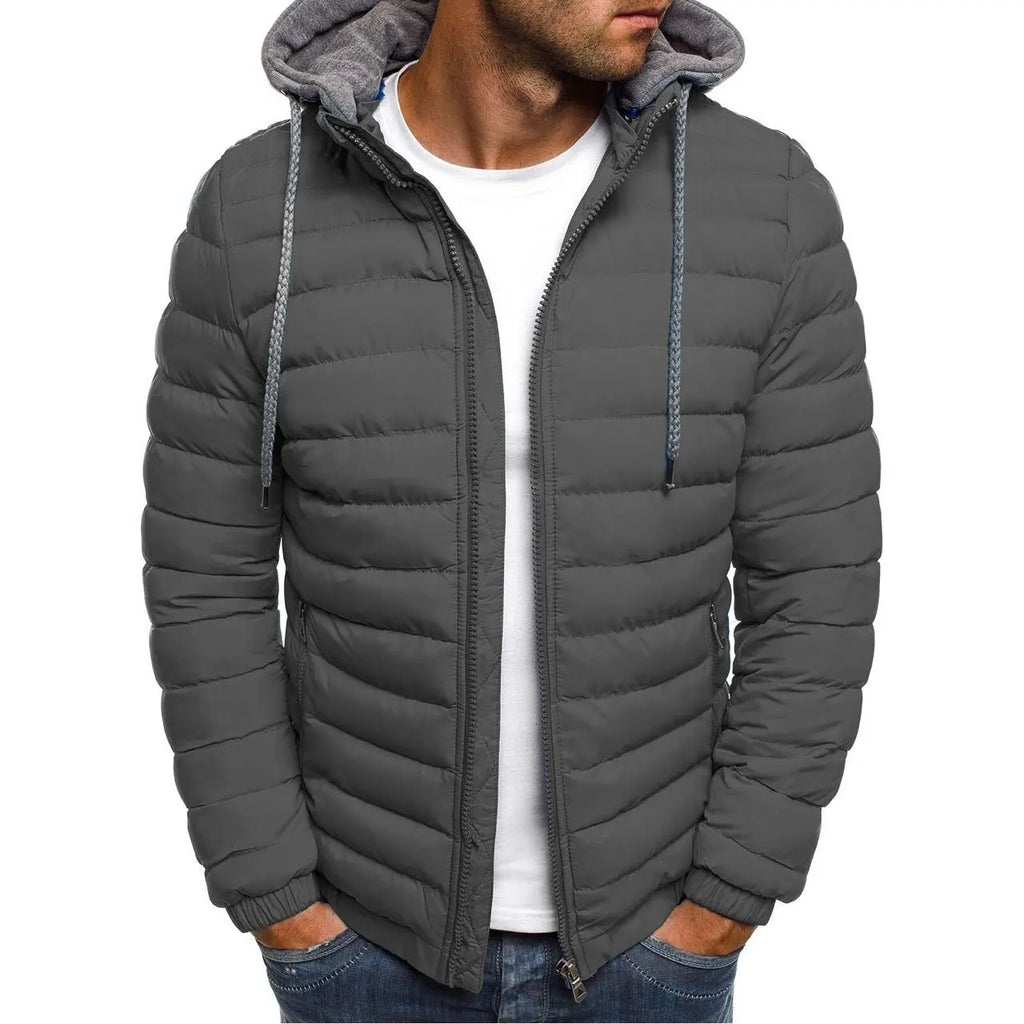 Men's Drawcord Hooded Quilted Puffer Jacket. Horizontal quilting.