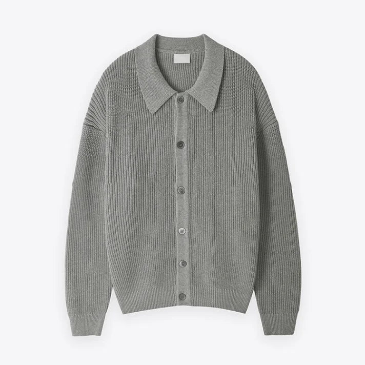 Men's Ribbed Shirt-Collar Cardigan. Pointed collar and button-through front.