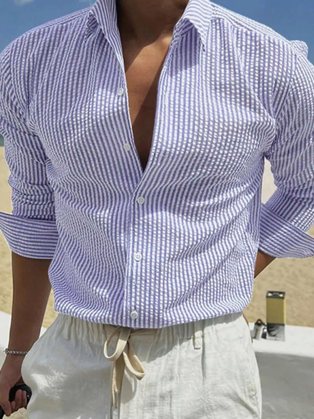 Men's Textured Long-Sleeve Stripe Shirt. Textured striped finish.