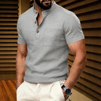 Men's Waffle Stand-Collar Pocket Henley. Waffle texture.