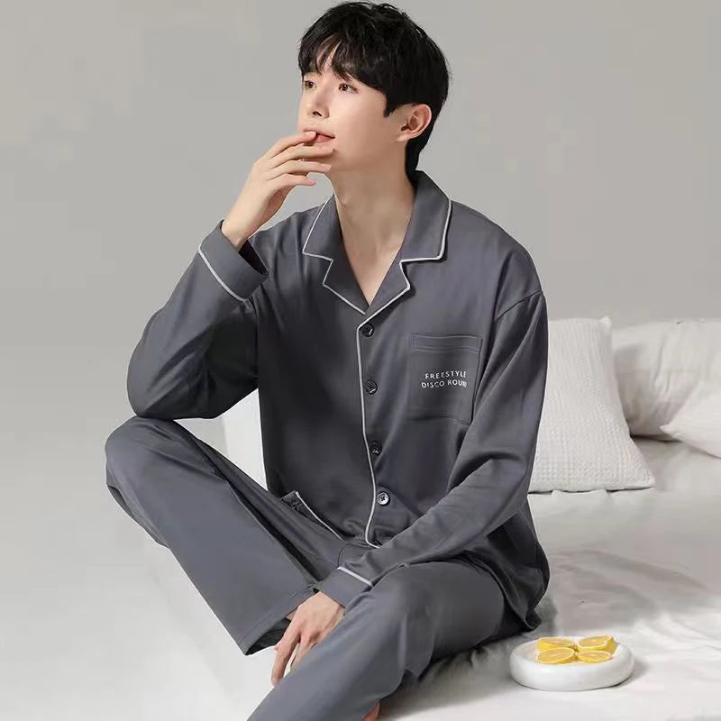 Men's Piped Long-Sleeve Lounge Pyjamas. Polyester fabric.
