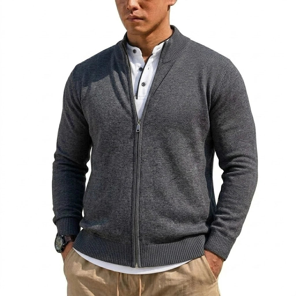 Men's Stand-Collar Zip-Through Cardigan. Full-length zip fastening.