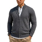 Men's Stand-Collar Zip-Through Cardigan. Full-length zip fastening.