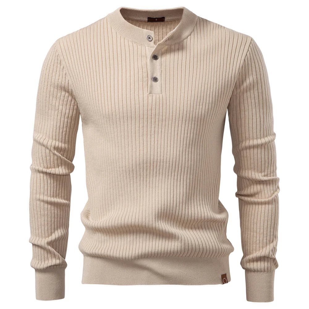 Men's Ribbed Three-Button Henley Knit. Henley neckline with three-button placket.