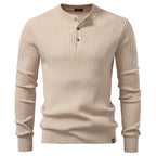 Men's Ribbed Three-Button Henley Knit. Henley neckline with three-button placket.