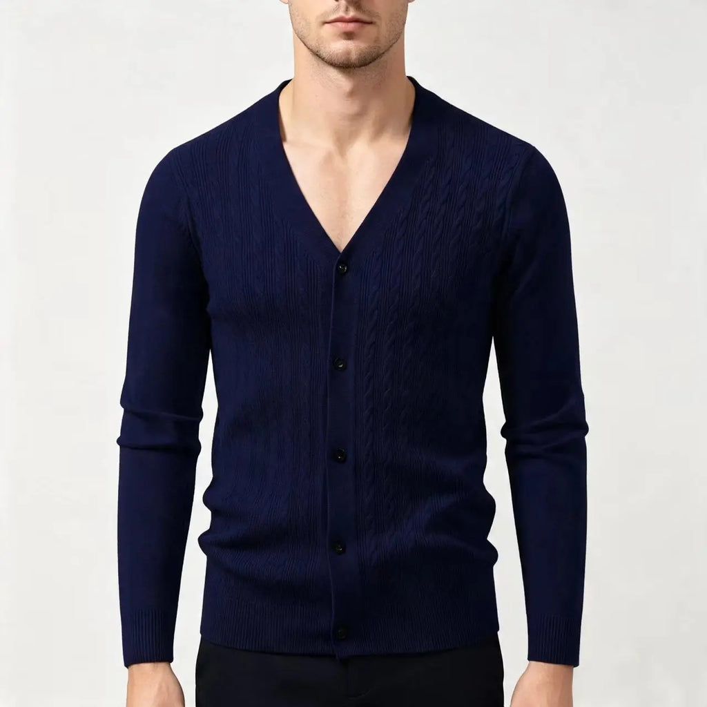 Men's Cable-Knit V-Neck Cardigan. Cable-knit texture.
