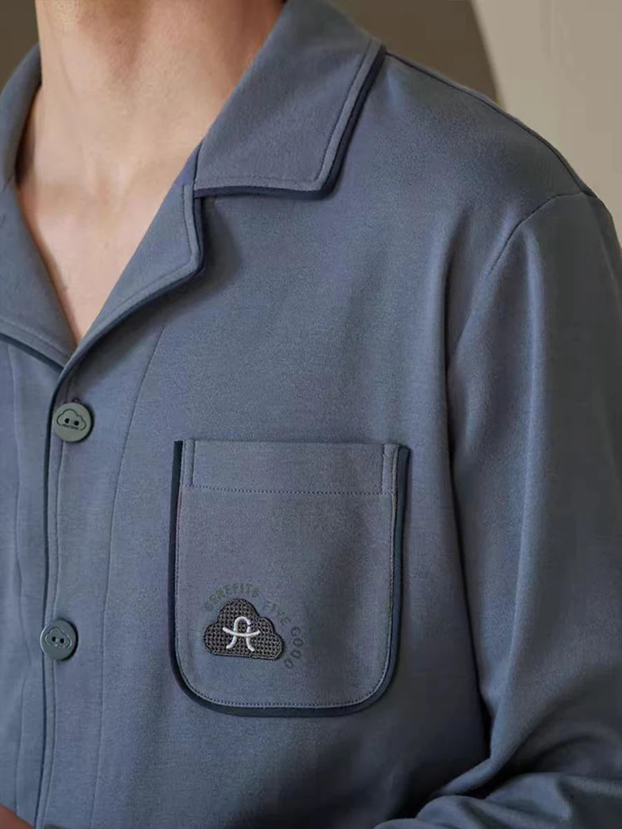 Men's Piped Long-Sleeve Lounge Pyjamas. Polyester fabric.