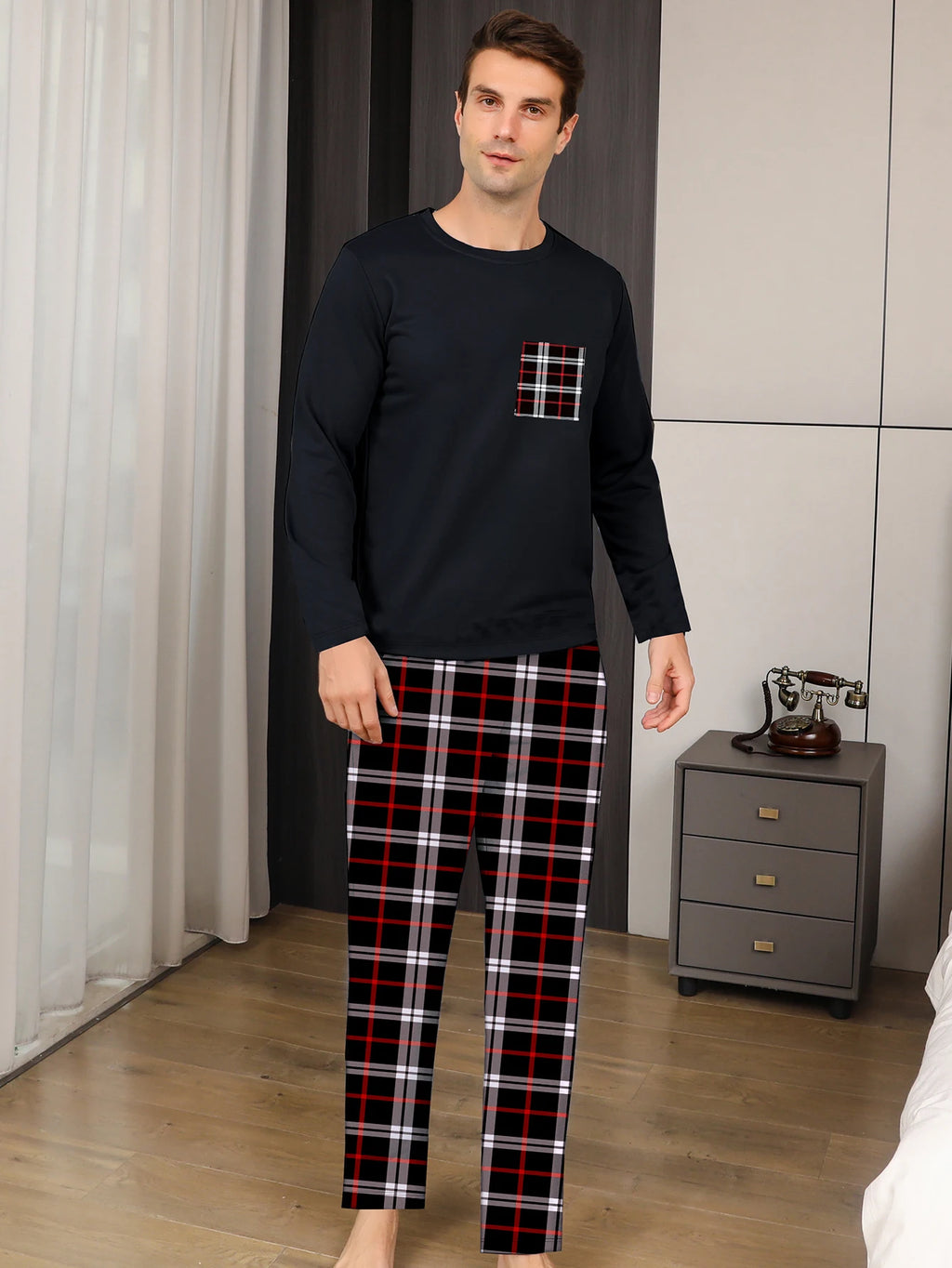 Men's Tartan-Trim Crew-Neck Lounge Set. Plain crew-neck top.