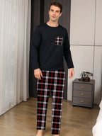 Men's Tartan-Trim Crew-Neck Lounge Set. Plain crew-neck top.