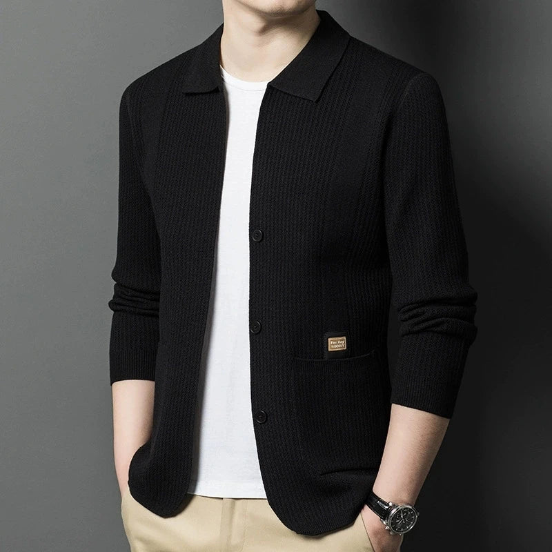 Men's Textured Pocket Collar Cardigan. Pointed collar and button front.