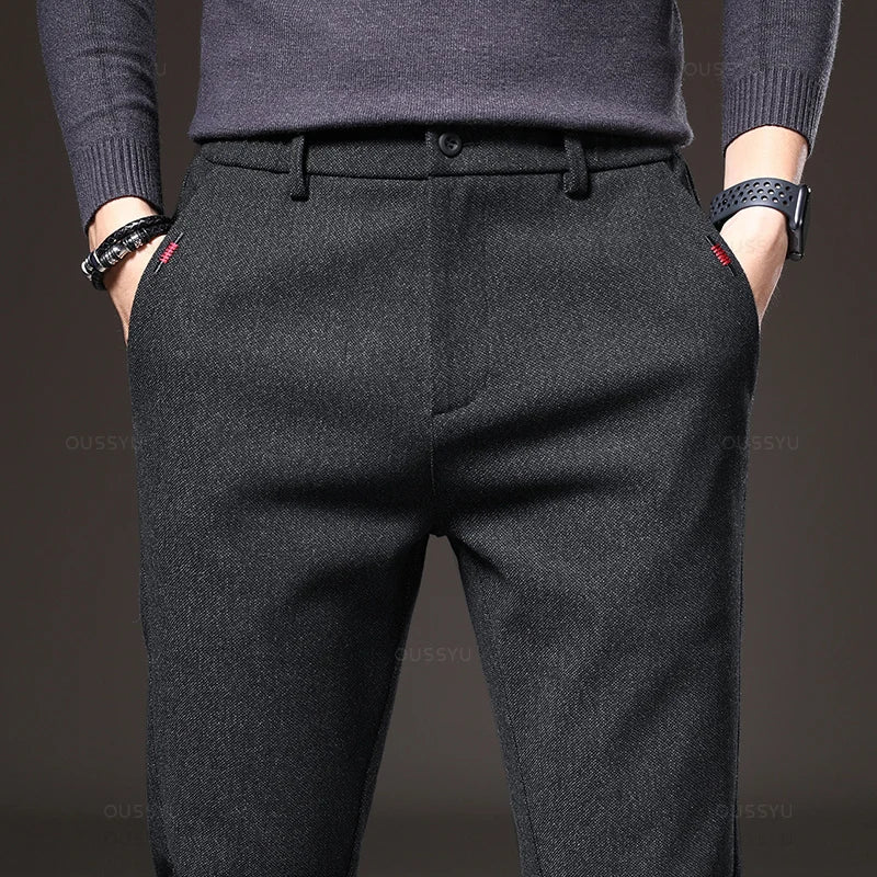 Men's Textured Smart Stretch Trousers. Polyester blend with viscose, nylon, cotton and elastane.