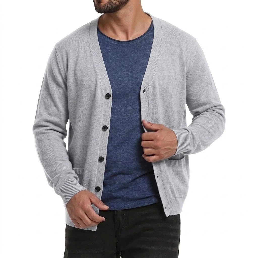 Men's Lightweight Button-Front Cardigan. Plain knitted finish.