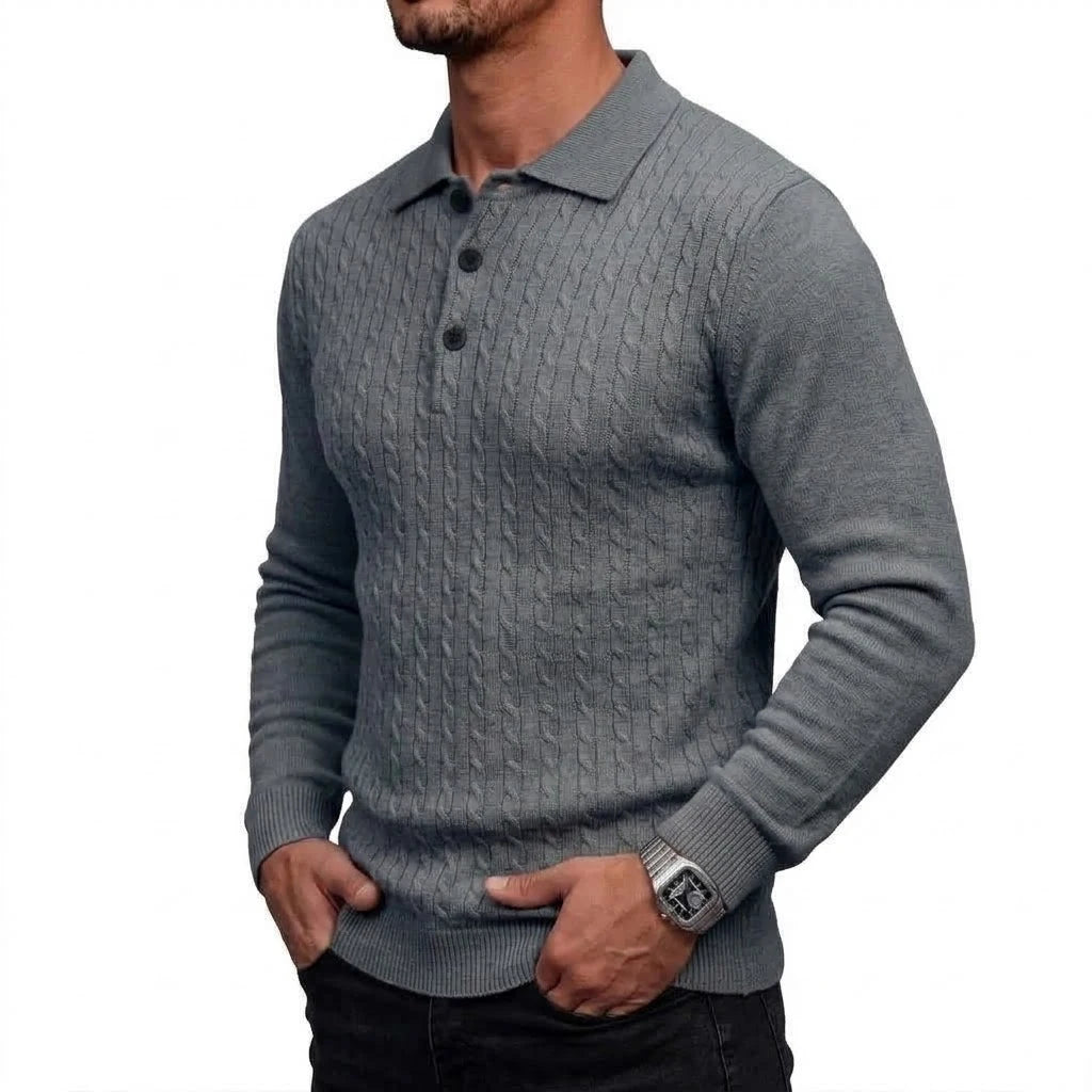 Men's Cable-Knit Long-Sleeve Polo. Cable-knit detailing.