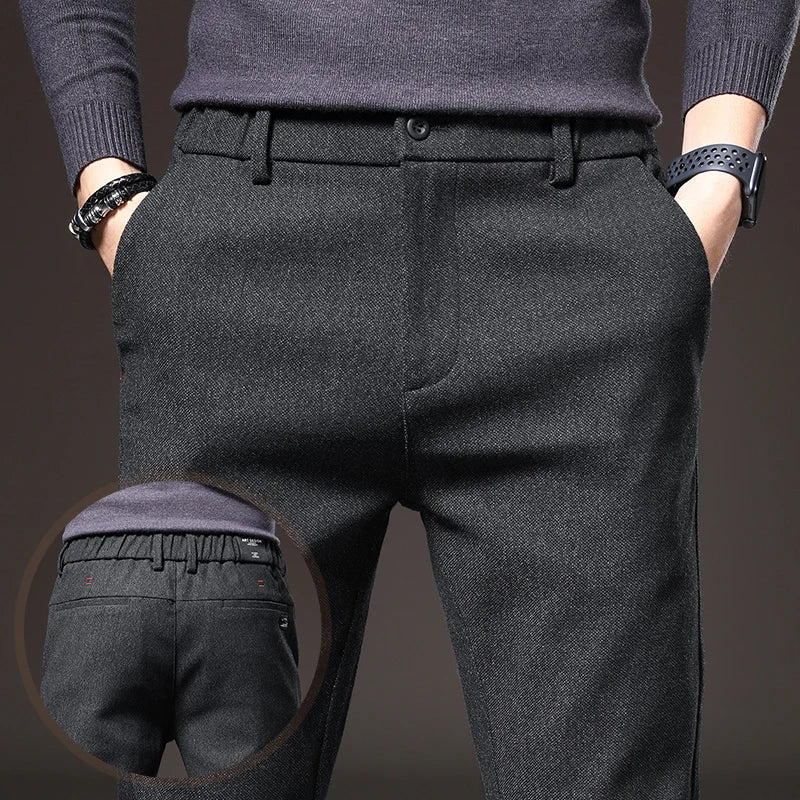 Men's Textured Smart Stretch Trousers. Polyester blend with viscose, nylon, cotton and elastane.